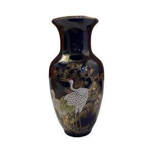 Vintage Kutani Style 6” Cobalt Blue Crane & Floral Vase